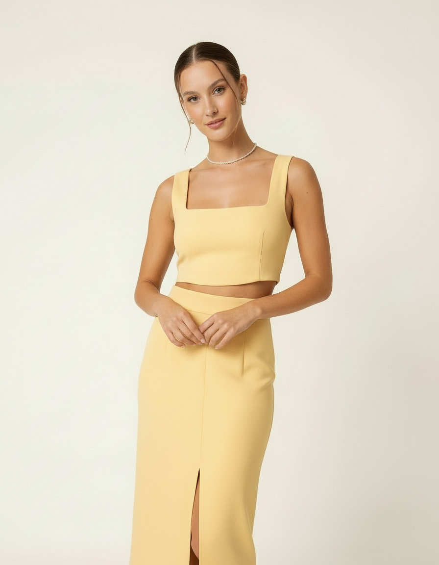 Modelo posando com conjunto cropped e saia midi amarelo manteiga, mãos juntas frente - Amarine