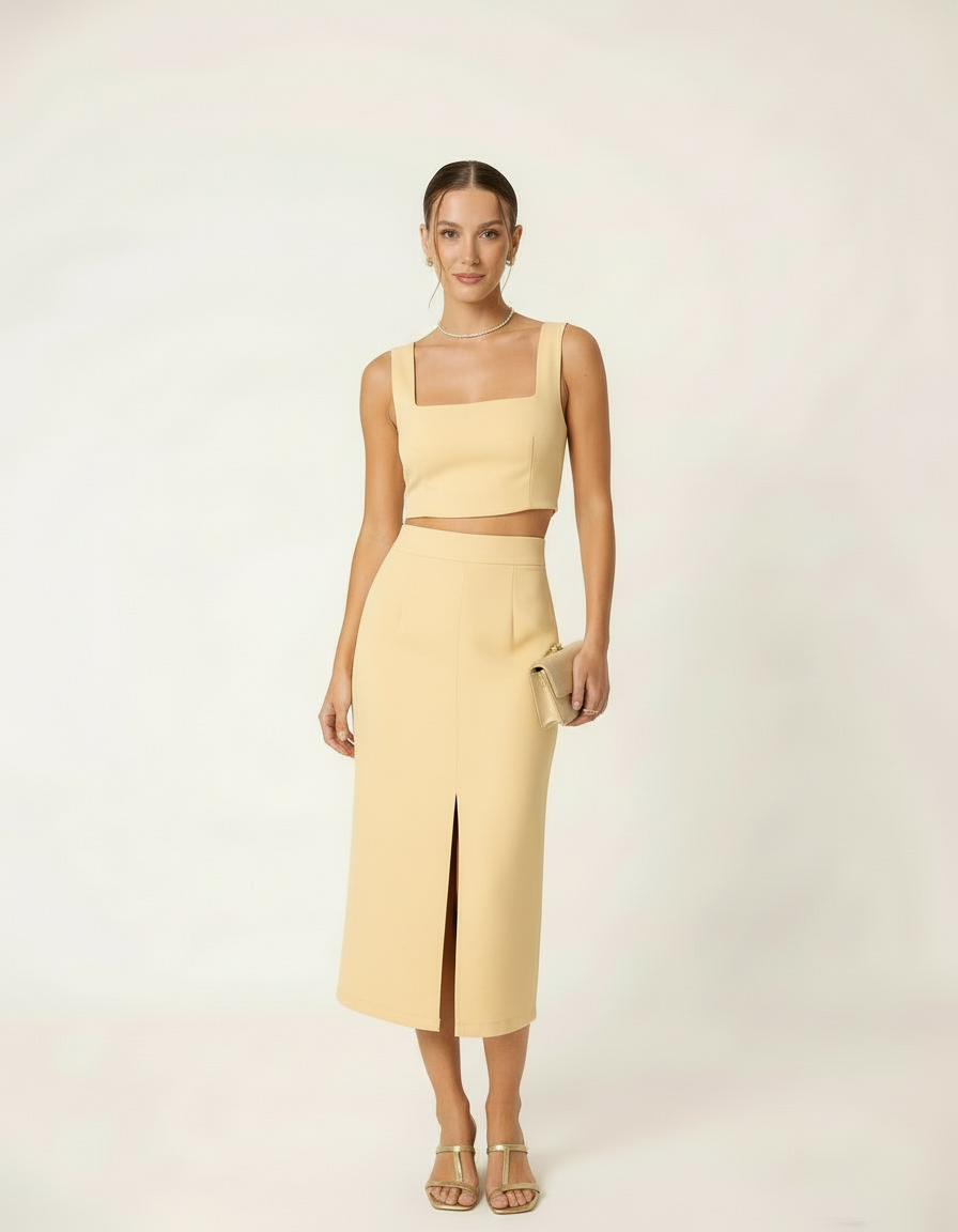 Modelo posando com conjunto cropped e saia midi amarelo manteiga com fenda - Amarine