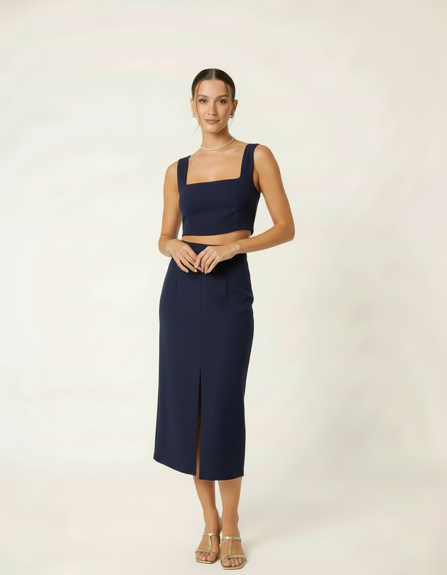 Modelo posando com conjunto cropped e saia midi azul marinho com fenda - Amarine