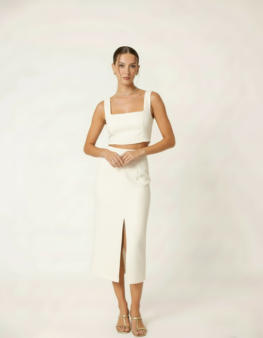 Modelo posando com conjunto cropped e saia midi off-white com fenda frontal - Amarine