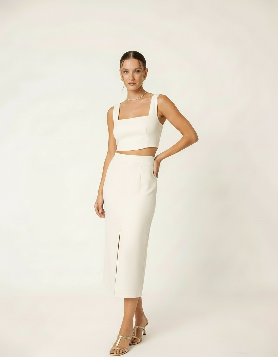 Modelo com conjunto cropped e saia midi off-white com fenda frontal - Amarine