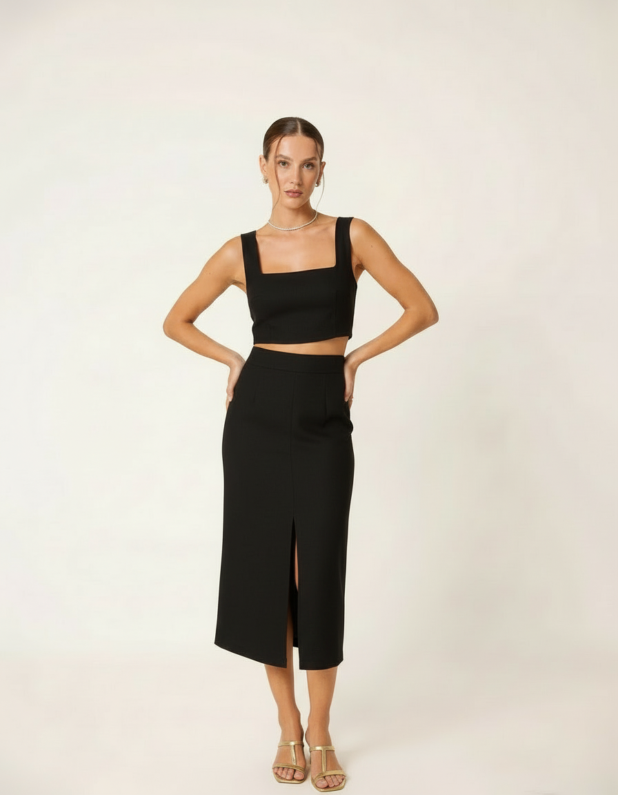 Modelo posando com conjunto cropped e saia midi preta com fenda, mãos na cintura - Amarine