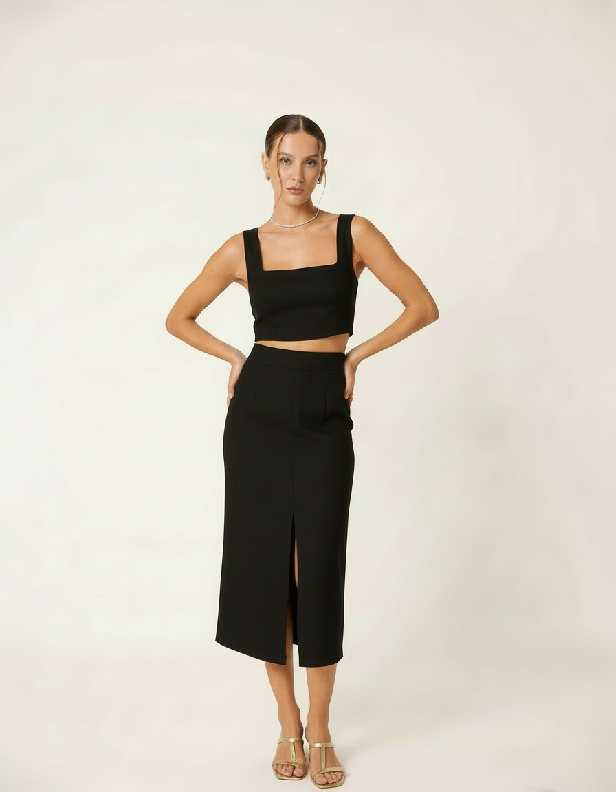 Modelo com conjunto cropped preto e saia midi com fenda frontal - Amarine