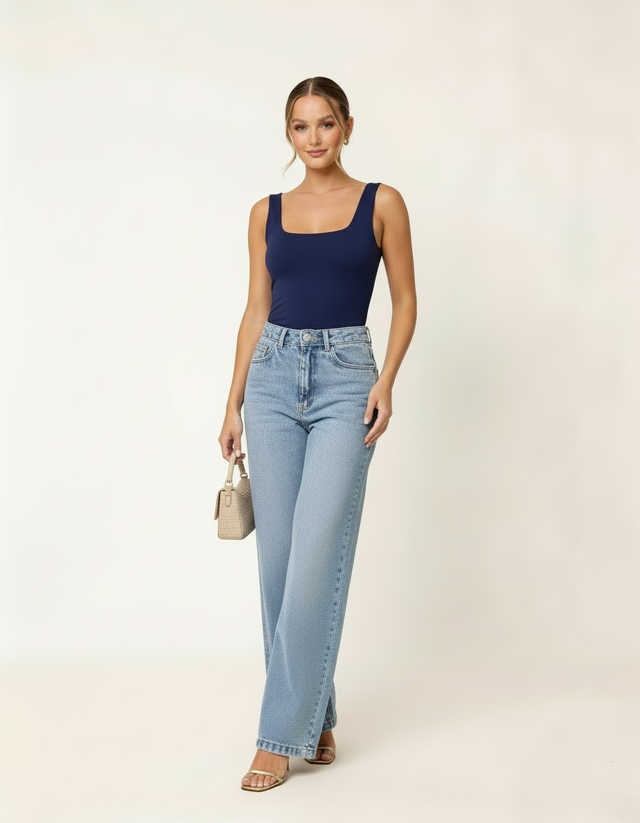 Modelo usando regata azul marinho com calça jeans wide leg clara - Amarine