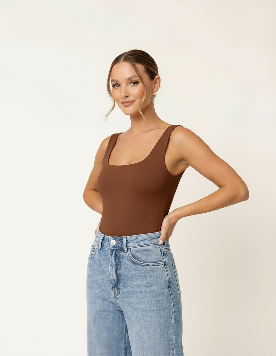 Modelo com regata marrom e calça jeans wide leg - Amarine