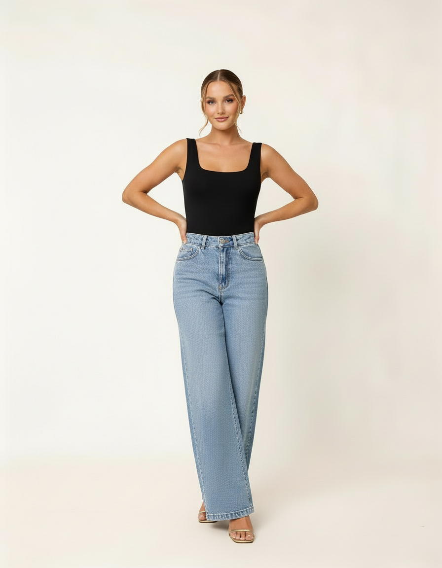 Modelo posando com regata preta gola quadrada e calça jeans wide leg, mãos na cintura - Amarine