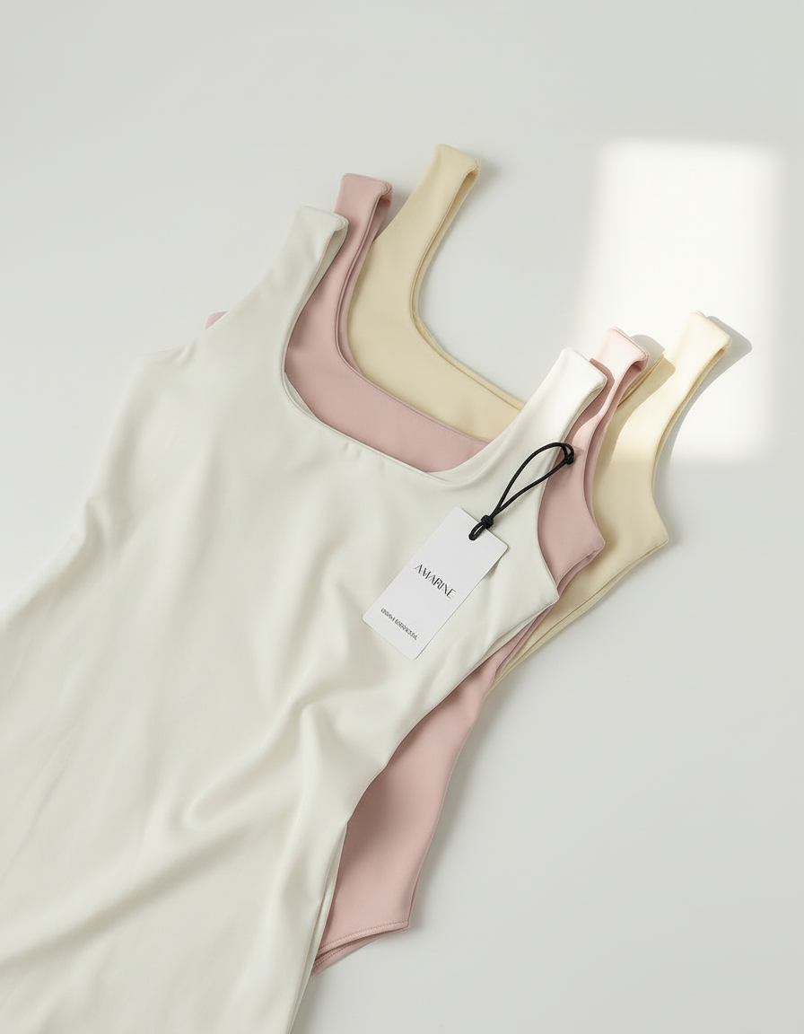 Kit de regatas Amarine nas cores off-white, rosa e amarelo empilhadas