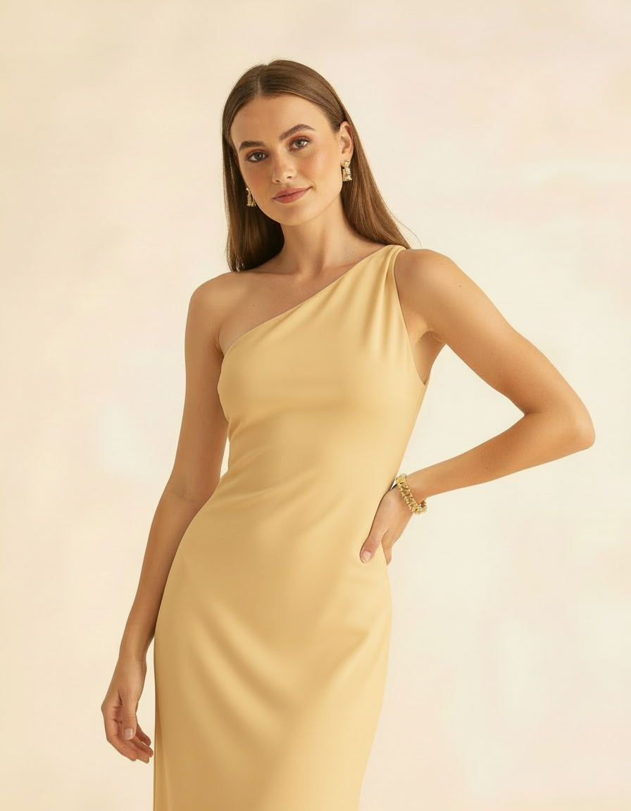 Modelo em vista frontal zoom no torso usando vestido amarelo manteiga ombro só - Amarine