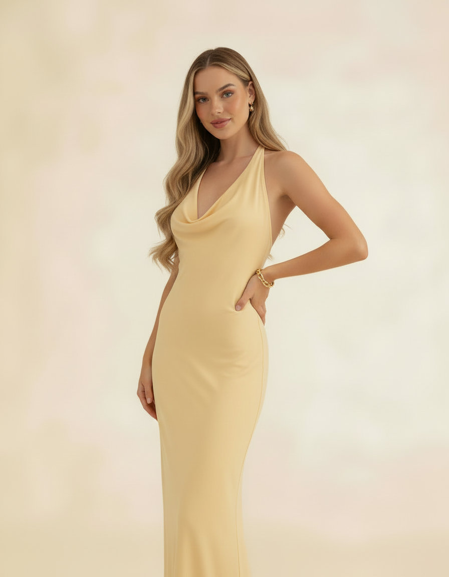 Modelo de corpo inteiro com mão na cintura usando vestido longo amarelo manteiga frente única drapeado - Amarine