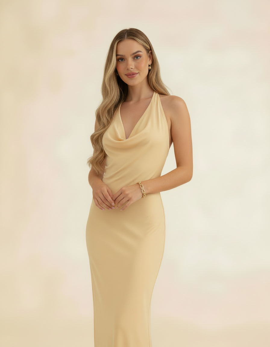 Modelo com mãos juntas usando vestido longo amarelo manteiga frente única drapeado - Amarine
