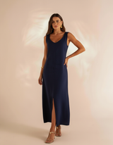 Vestido longo feminino azul marinho decote V com fenda Amarine - moda feminina elegante
