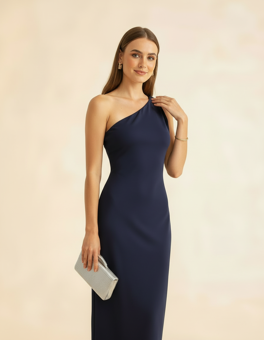 Modelo com mão no ombro e clutch prata em zoom no torso usando vestido longo azul marinho ombro só - Amarine