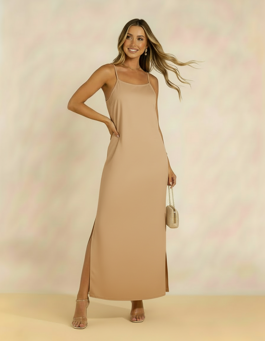 Modelo com vestido longo bege de alças finas e fenda lateral - Amarine