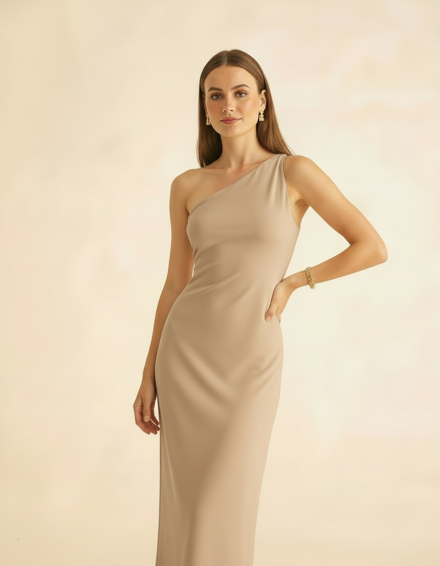 Modelo com mão na cintura usando vestido longo bege ombro só - Amarine