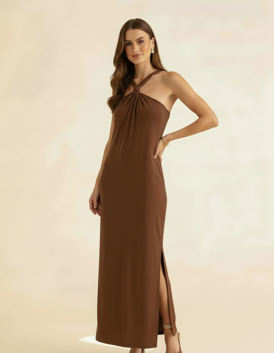 Modelo posando com vestido longo marrom chocolate de gola halter com fenda lateral - Amarine
