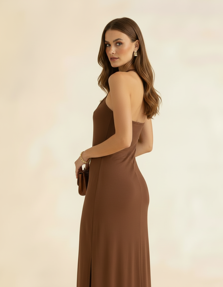 Modelo posando lateralmente com vestido longo marrom chocolate, segurando bolsa - Amarine