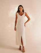 Vestido longo feminino off white decote V com fenda Amarine - moda feminina elegante