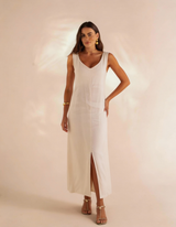 Vestido longo feminino off white decote V com fenda Amarine - moda feminina elegante