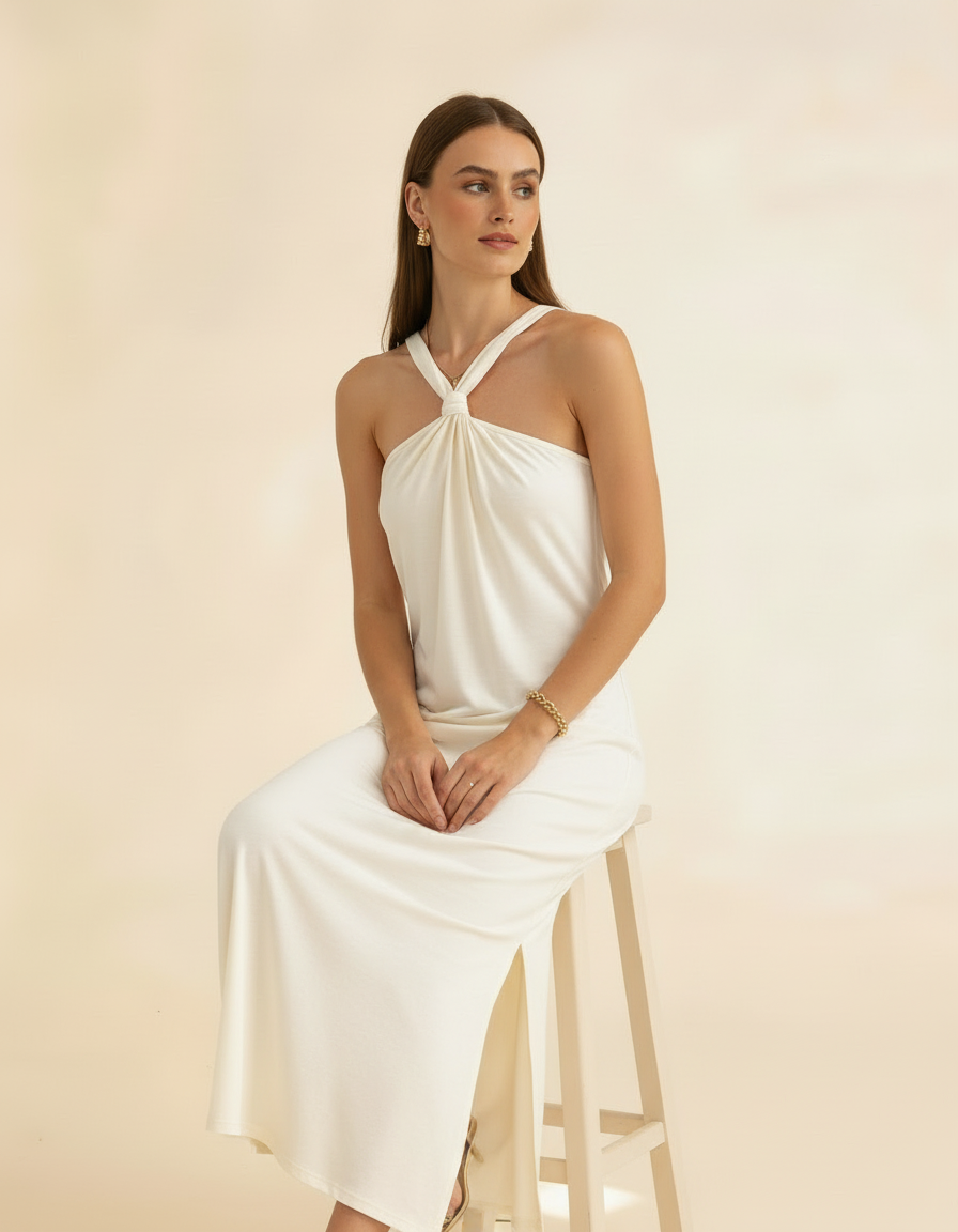 Modelo sentada em banqueta com vestido longo off-white de gola halter - Amarine