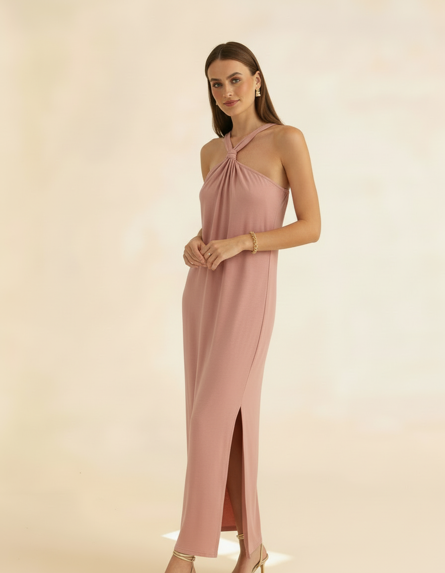 Modelo posando frontalmente com vestido longo rosa antigo de gola halter com fenda - Amarine