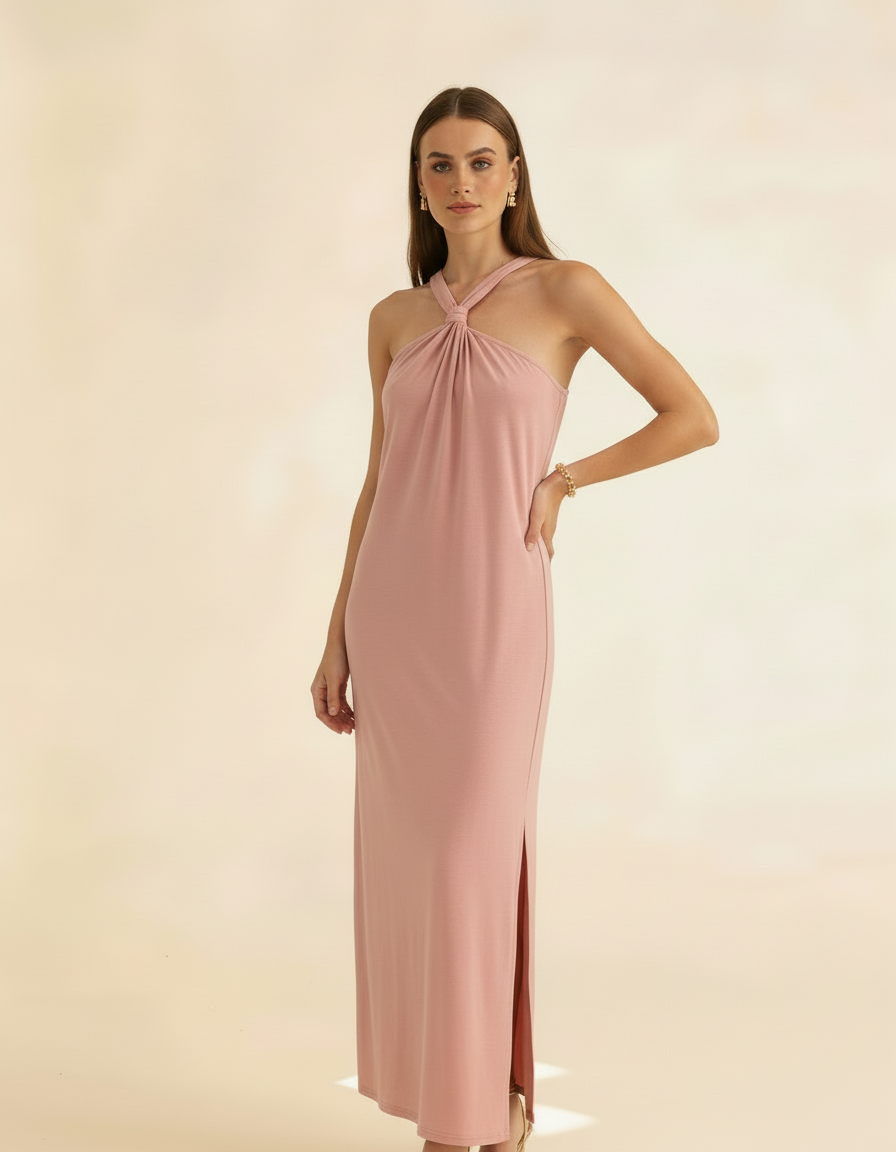 Modelo posando com vestido longo rosa antigo de gola halter com fenda lateral - Amarine