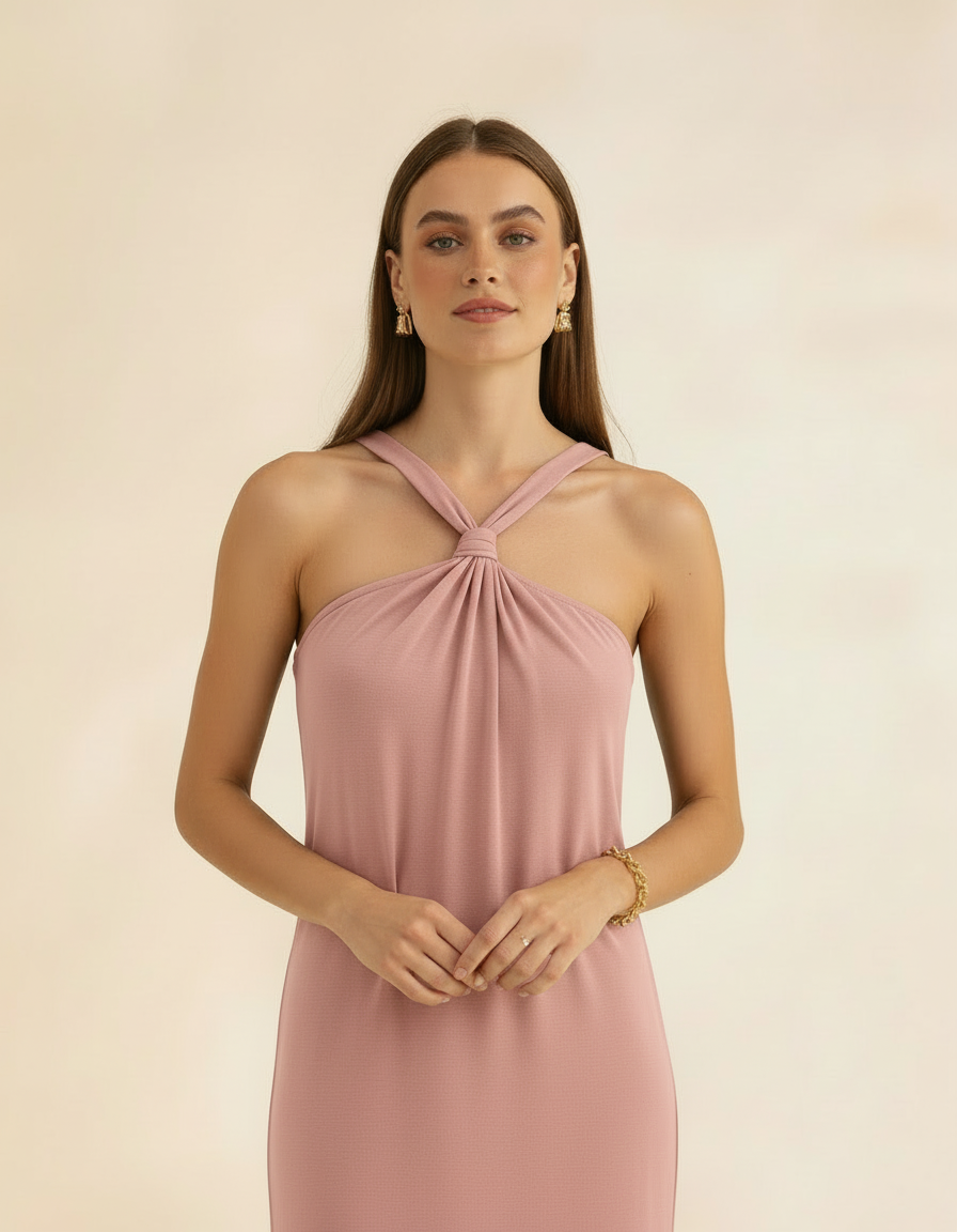 Modelo posando com vestido longo rosa antigo de gola halter, mãos juntas frente, zoom in - Amarine