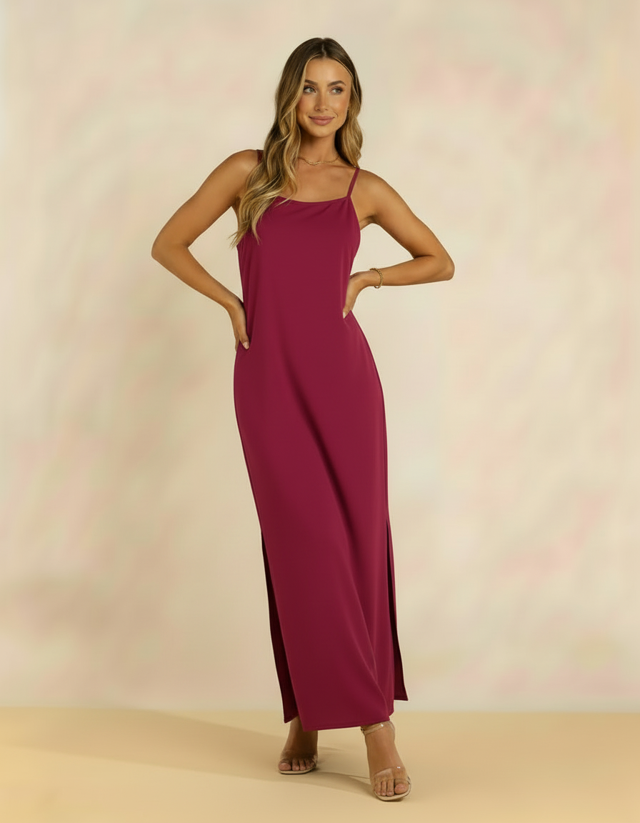 Modelo posando com vestido longo vinho de alças finas, mãos na cintura - Amarine
