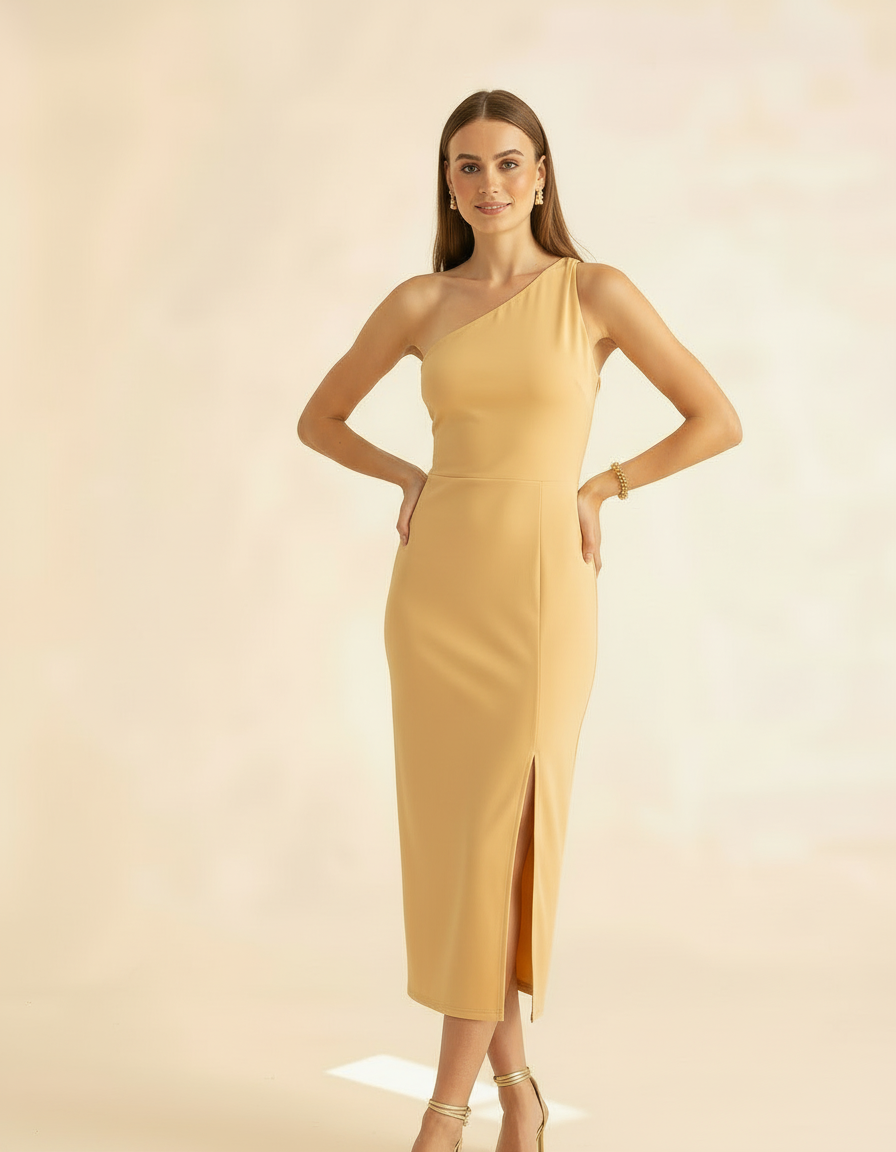 Modelo posando com vestido midi amarelo manteiga de ombro só com fenda lateral - Amarine