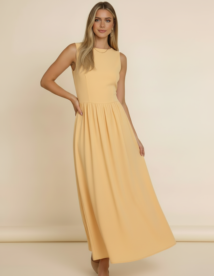 Modelo com mão na cintura usando vestido midi amarelo manteiga rodado sem mangas - Amarine