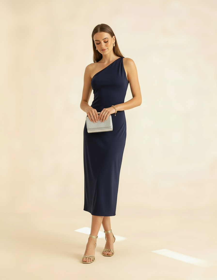 Modelo olhando para baixo com clutch prata usando vestido midi azul marinho ombro só - Amarine