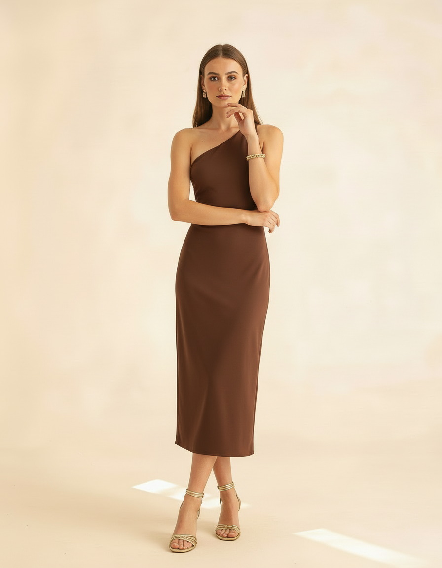 Modelo em pose pensativa com mão no queixo usando vestido midi marrom ombro só - Amarine