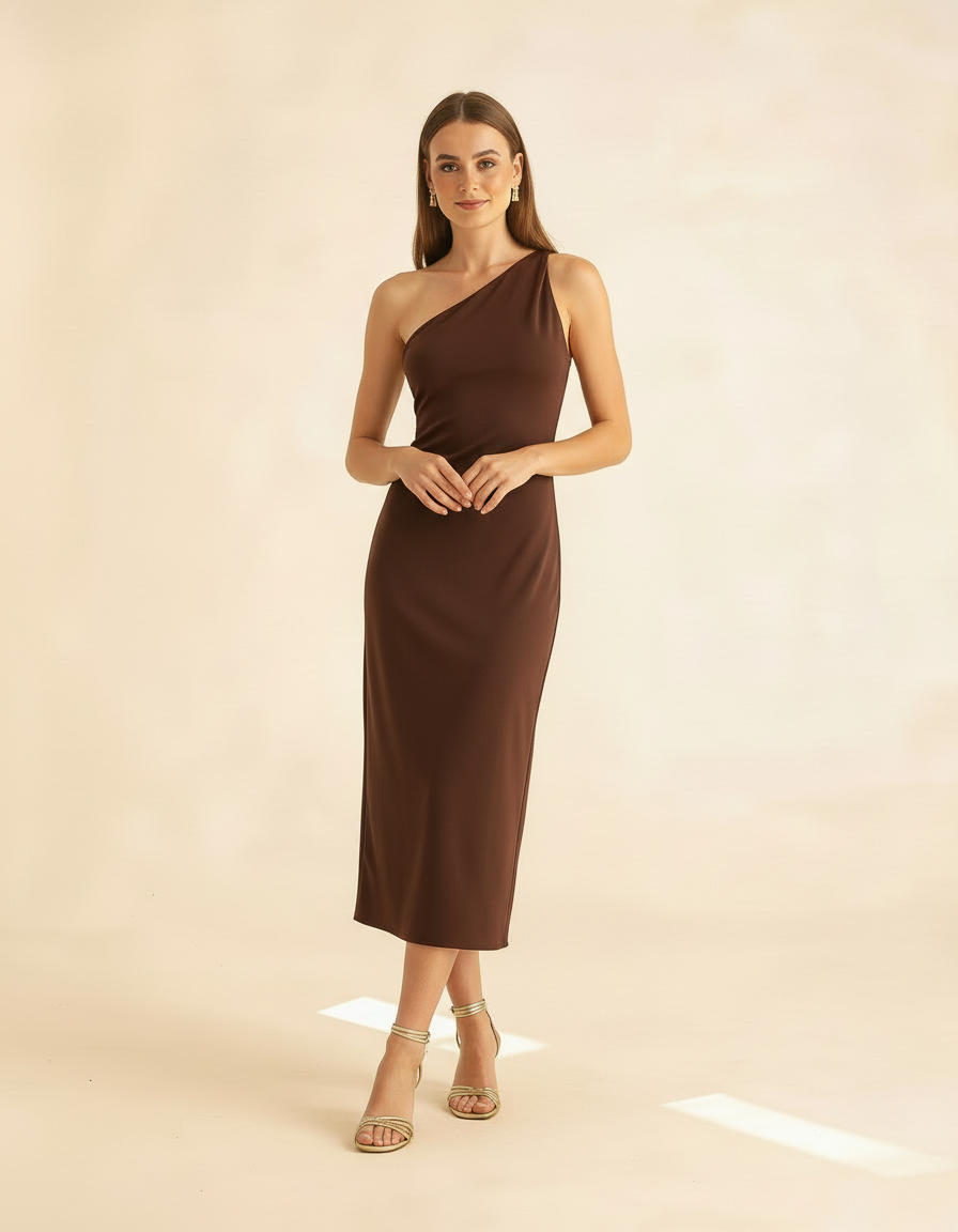 Modelo de corpo inteiro com mãos juntas usando vestido midi marrom ombro só - Amarine