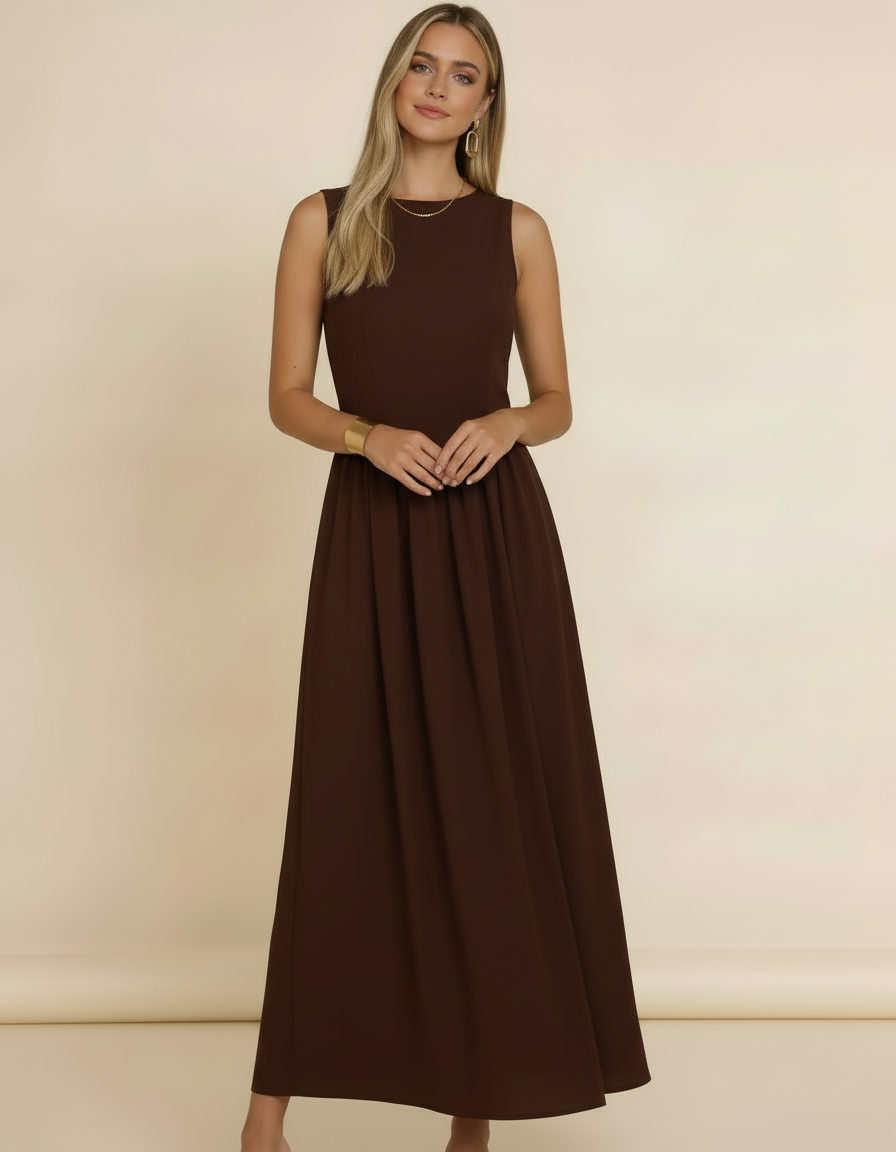 Modelo com mãos juntas usando vestido midi marrom rodado sem mangas - Amarine