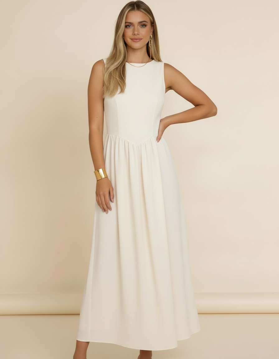 Modelo com mão na cintura usando vestido midi off-white rodado sem mangas - Amarine
