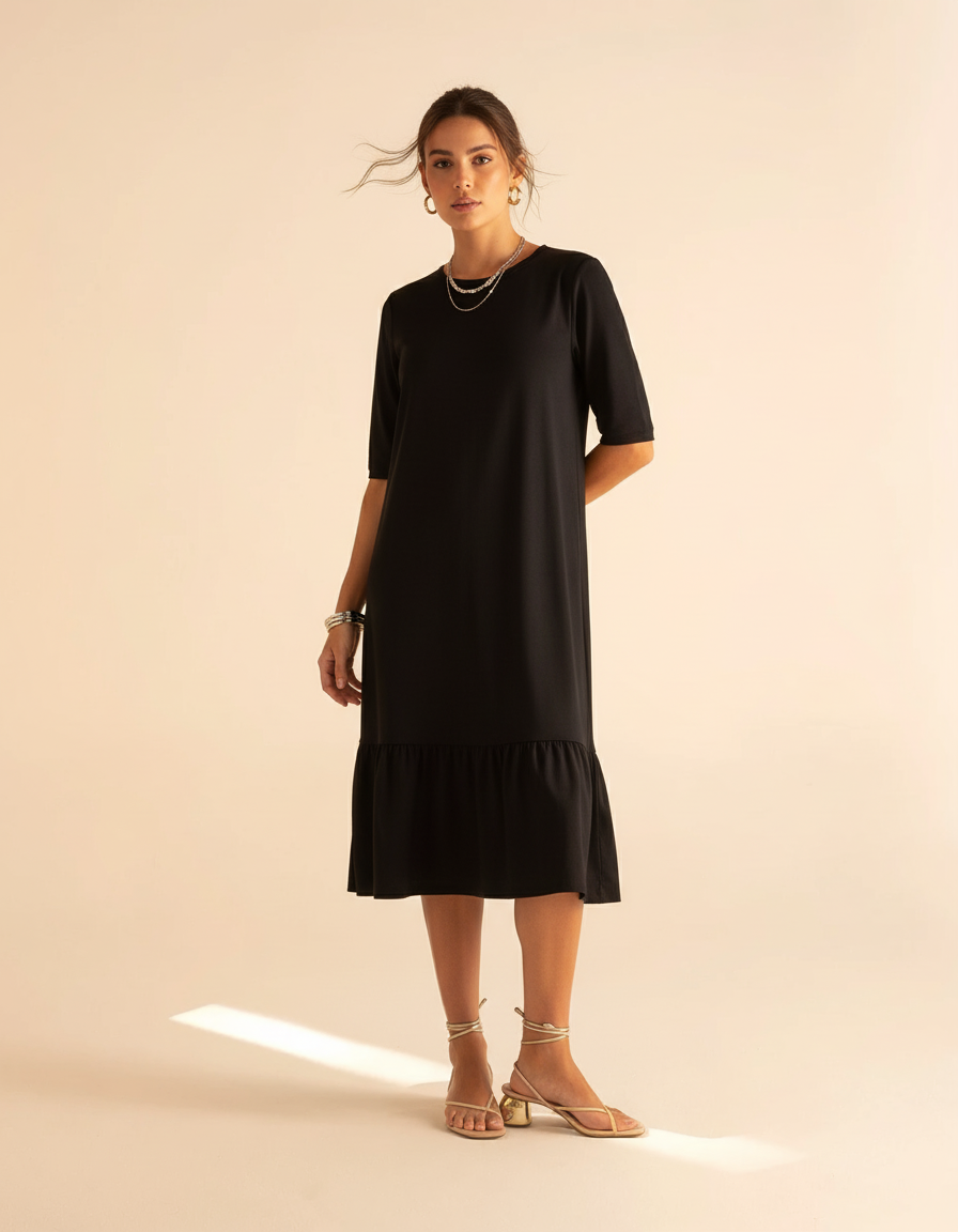 Vestido midi feminino preto com babado vista frontal Amarine - moda feminina elegante