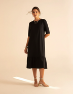 Vestido midi feminino preto com babado vista frontal Amarine - moda feminina elegante