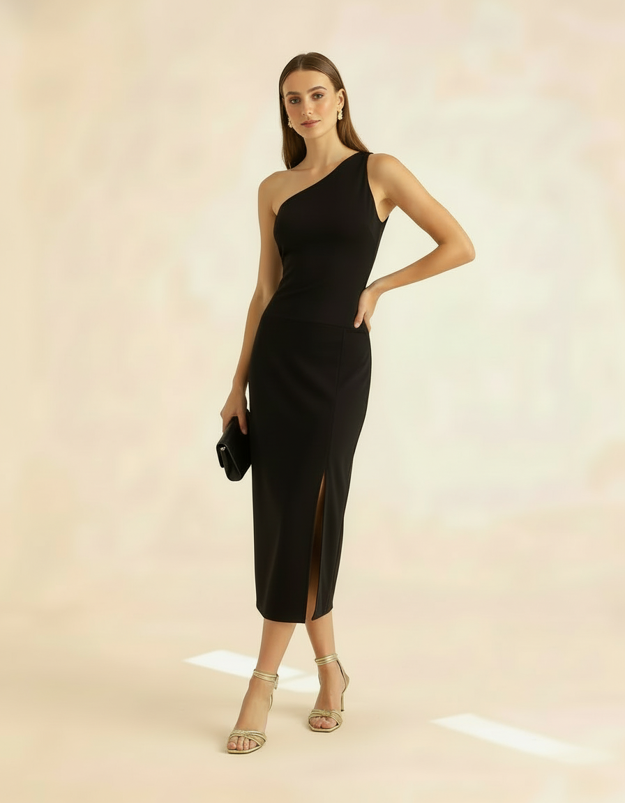 Modelo posando com vestido midi preto de ombro só, segurando clutch preta com fenda lateral - Amarine