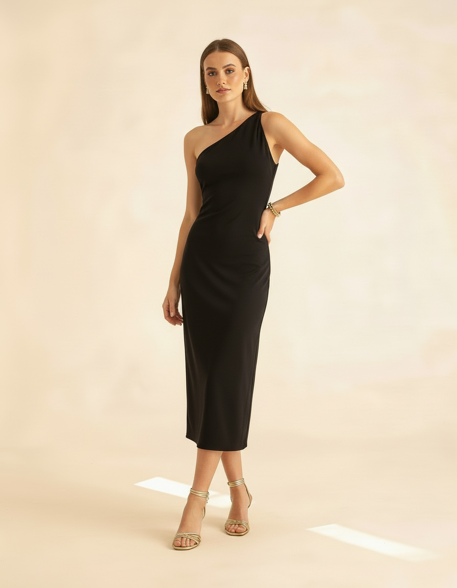 Modelo de corpo inteiro com mão na cintura usando vestido midi preto ombro só - Amarine