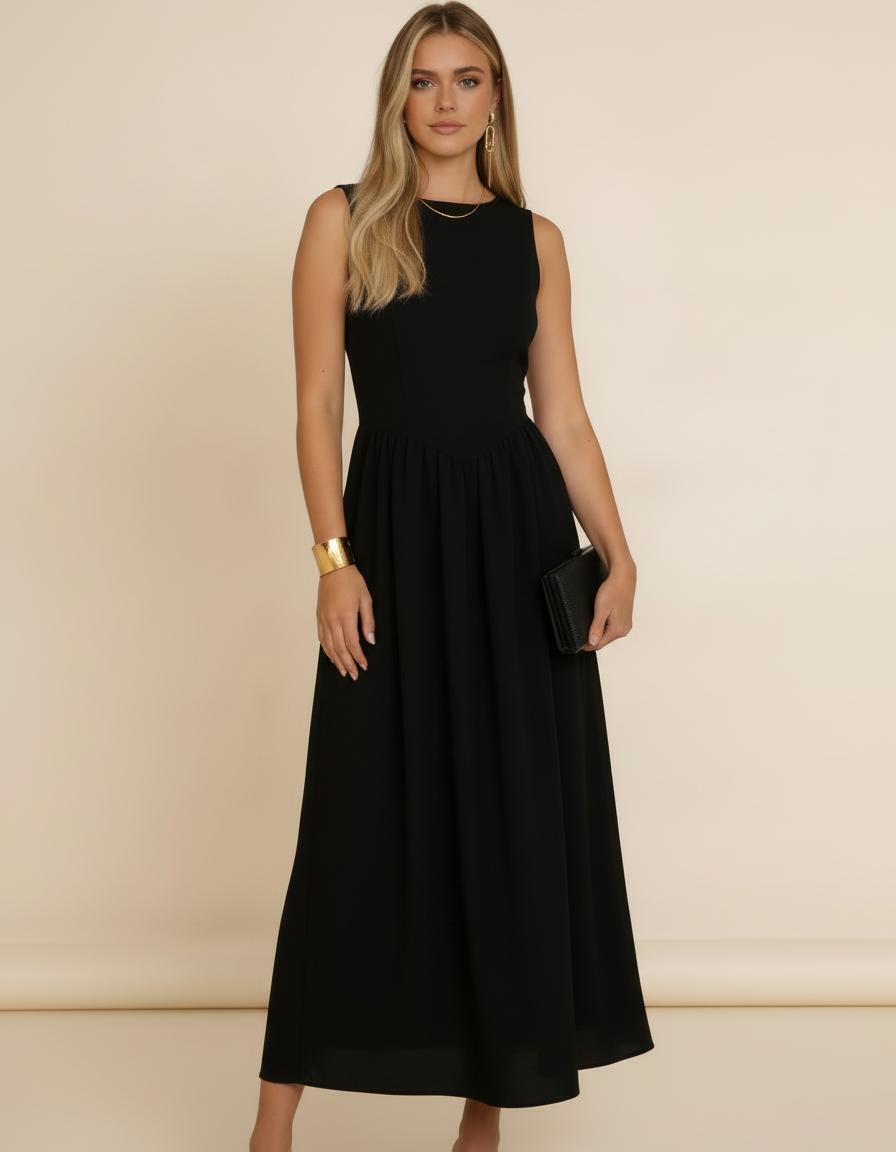 Modelo com acessórios dourados e clutch preta usando vestido midi preto rodado sem mangas - Amarine