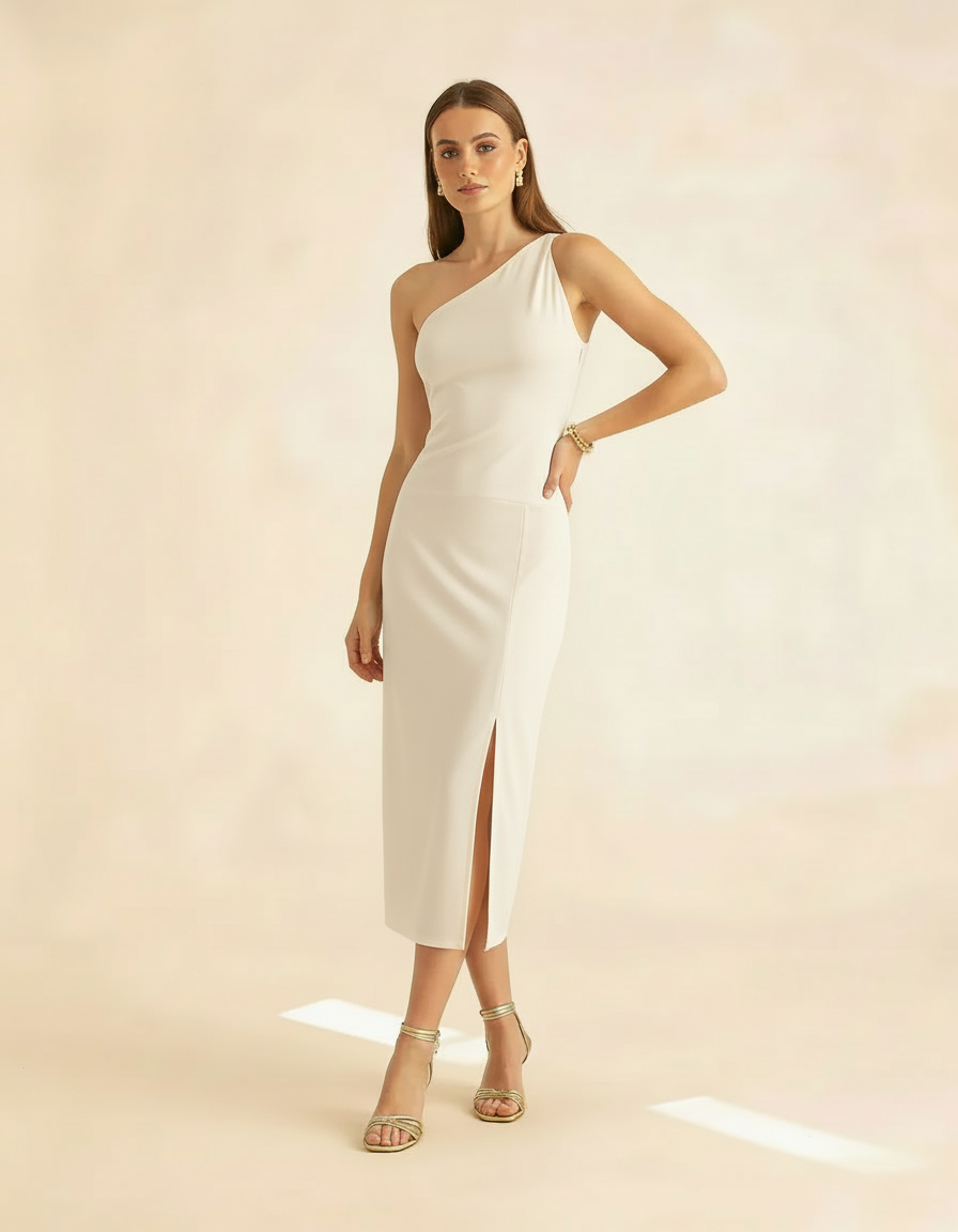Modelo posando com vestido off-white ombro só e mão na cintura - Amarine
