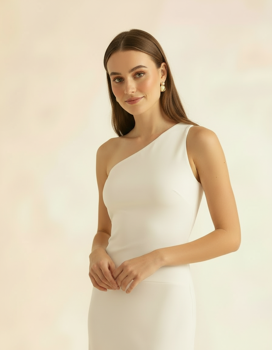 Modelo posando com vestido off-white ombro só e mãos juntas em close - Amarine