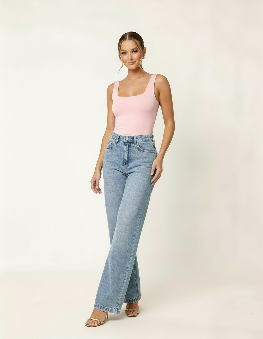 Mulher com blusa regata rosa claro e calça wide leg jeans clara com sandália de salto