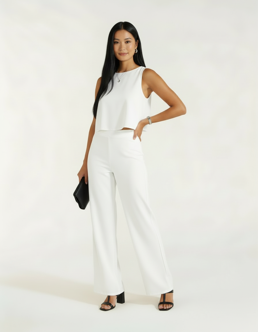 Mulher com conjunto branco de blusa cropped e calça wide leg, segurando bolsa preta clutch e sandália preta