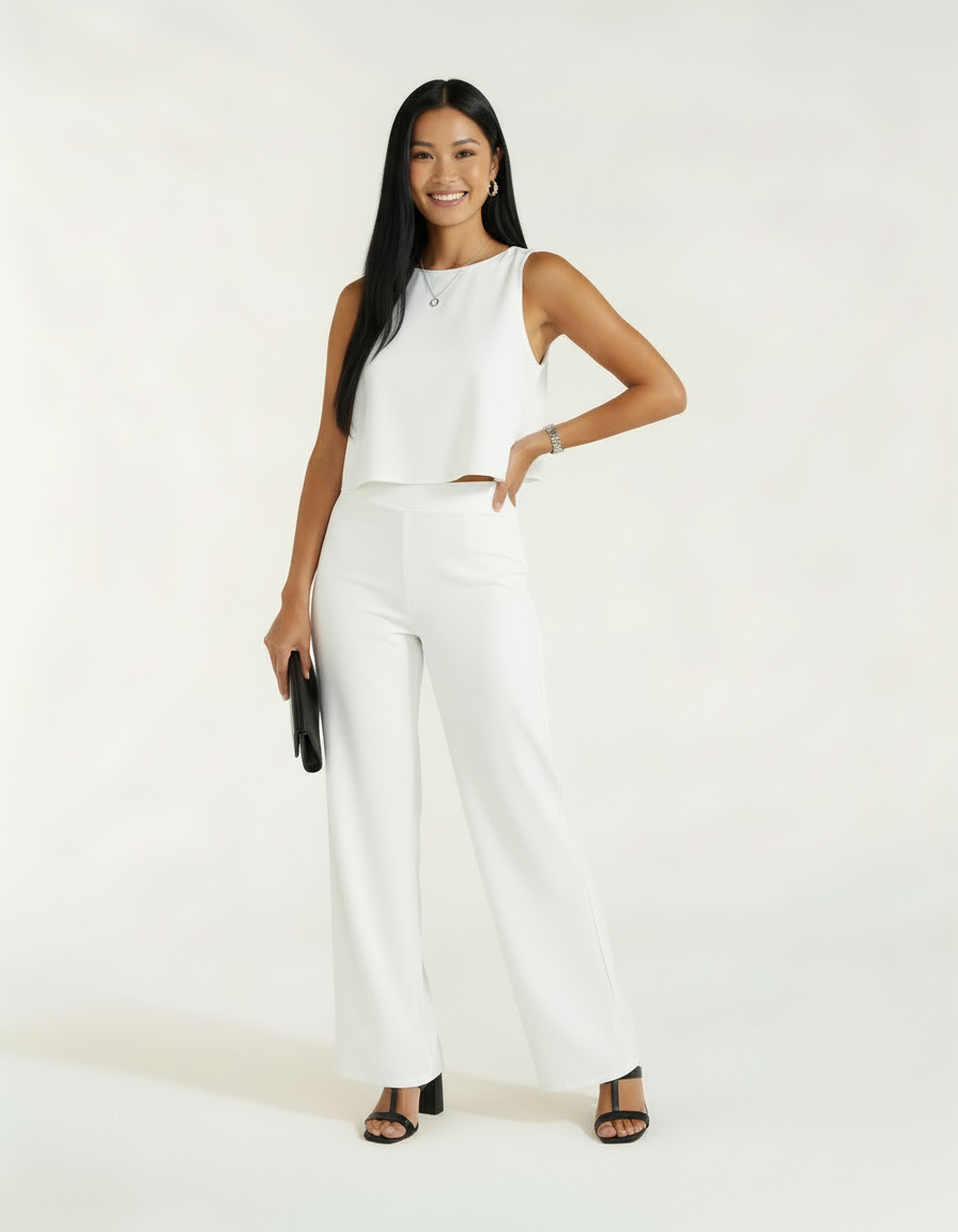 Mulher posando com mão na cintura usando conjunto branco de blusa cropped e calça wide leg, bolsa preta clutch e sandália preta