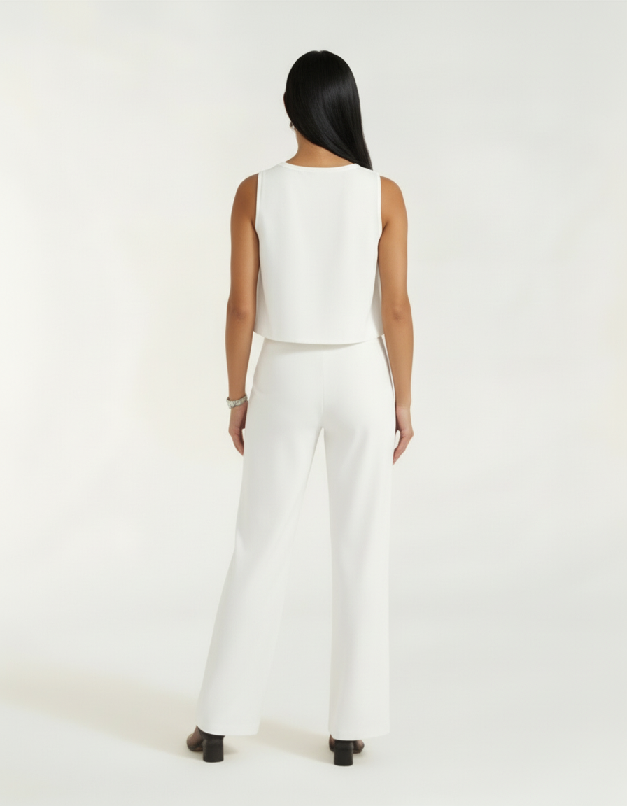Mulher de costas com conjunto branco de blusa cropped e calça wide leg em detalhe