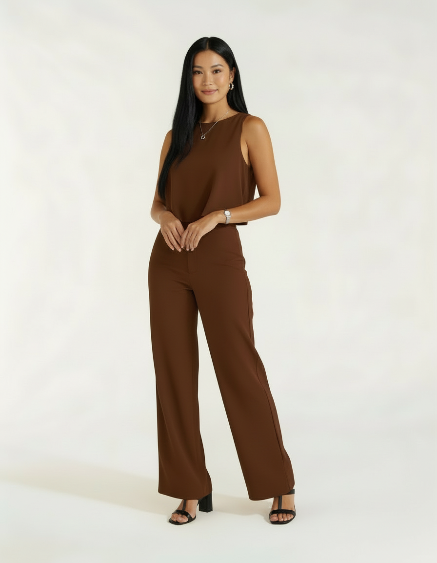 Mulher com conjunto marrom chocolate de blusa e calça wide leg com sandália preta de salto