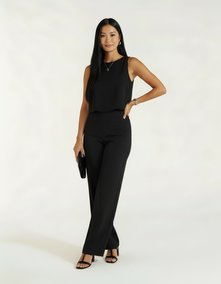 Mulher com conjunto preto de blusa e calça wide leg, segurando bolsa preta clutch e sandália preta de salto