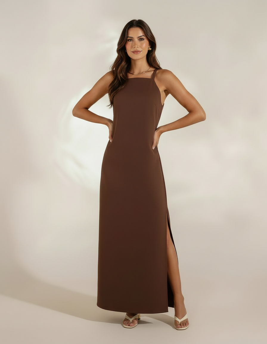 Mulher posando com mãos na cintura usando vestido longo marrom chocolate com fenda lateral e sandália bege