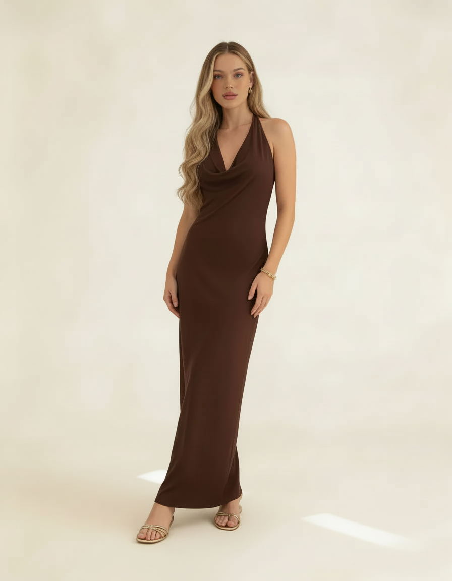 Mulher de corpo inteiro com vestido longo marrom halter decote cowl e sandália dourada