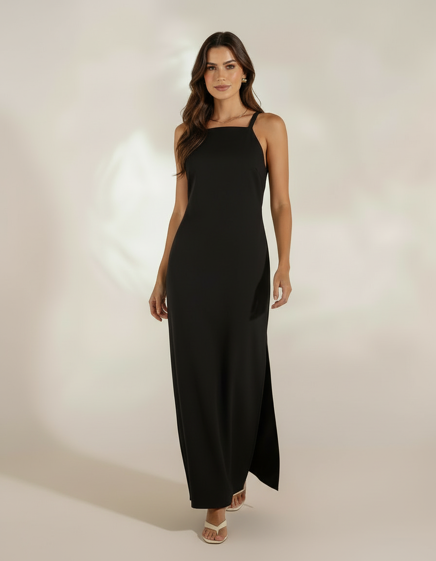 Mulher de frente com vestido longo preto elegante e sandália bege
